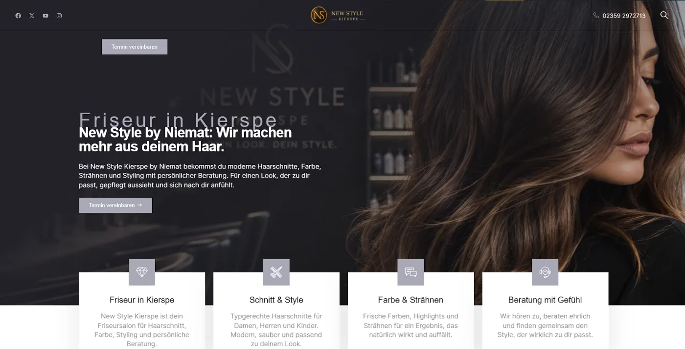Website von New Style Kierspe: eleganter Salon-Auftritt mit Terminvereinbarung